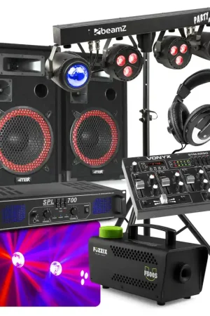 Commandez dès aujourd'hui - Skytec Ensemble Complet Disco DJ - Enceinte 700W, Lumières, Amplificateur, Machine à Fumée et Table de Mixage