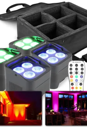 Plus que quelques unités | BeamZ BBP94 - Lot 4 Projecteurs PAR Uplight sur Batterie RGB-UV DMX 40 Watts avec Sac de Transport