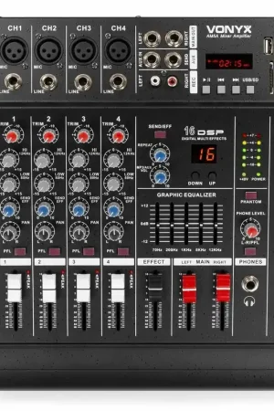Vonyx AM5A - Console de Mixage 5 Canaux, Amplificateur Intégré, BT/MP3/USB/SD | Offre exceptionnelle