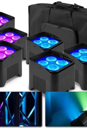 Prix doux - BeamZ BBP94W - Lot de 6 Projecteurs PAR Uplight sur Batterie RGBWA WDMX 48 Watts avec Sac de Transport