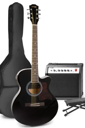 Bientôt épuisé | Max ShowKit - Guitare Électro-Acoustique Pack Débutant Ampli 40 Watts et Repose-pied - Noire