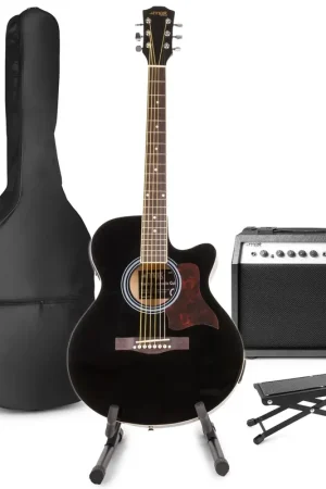 Max ShowKit - Guitare Électro-Acoustique Pack Débutant Ampli 40 Watts, Stand et Repose-Pied - Noire - Best-seller