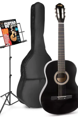 Disponible - Max SoloArt - Guitare Acoustique Classique Pack Débutant avec Pupitre - Noire