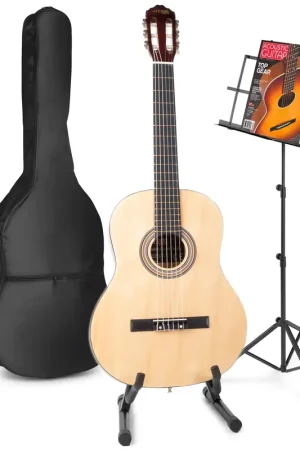Expédition immédiate | Max SoloArt - Guitare Acoustique Classique Pack Débutant avec Pupitre et Stand - Couleur Érable