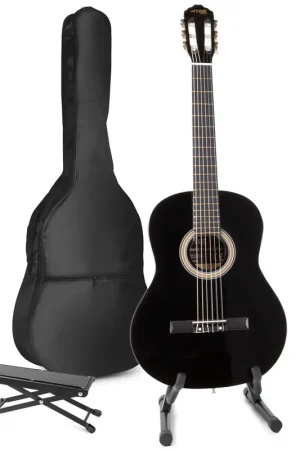 Max SoloArt - Guitare Acoustique Classique Pack Débutant avec Stand et Repose-Pied - Noire - Premium