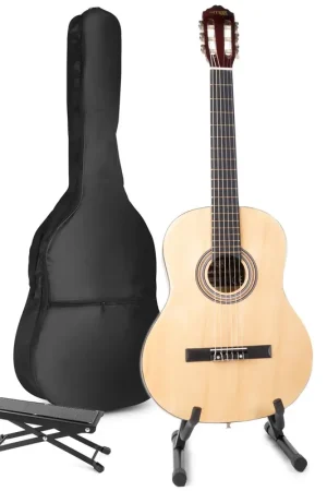Max SoloArt - Guitare Acoustique Classique Pack Débutant avec Stand et Repose-Pied - Couleur Érable - Préféré des clients