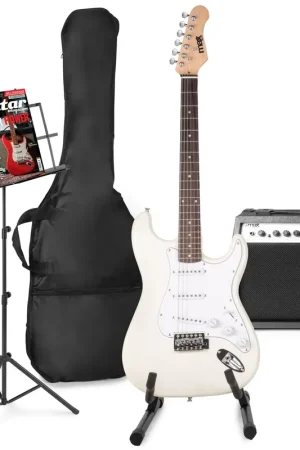 Livraison express | Max GigKit - Guitare Électrique Pack Débutant Ampli 40 Watts, Stand et Pupitre - Blanche