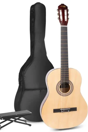 Max SoloArt - Guitare Acoustique Classique Pack Débutant avec Repose-Pied - Couleur Érable - Excellente qualité