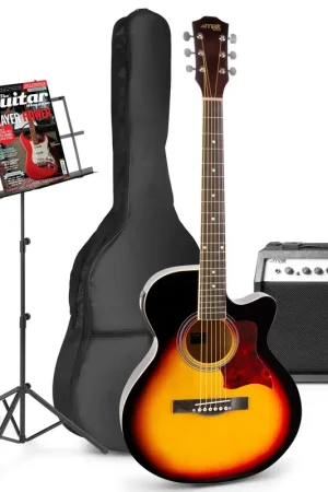 Jusqu'à épuisement des stocks | Max Showkit - Guitare Électro-Acoustique Pack Débutant Ampli 40 Watts et Pupitre - Sunburst