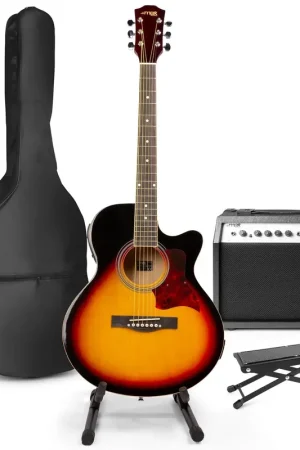 Max ShowKit - Guitare Électro-Acoustique Pack Débutant Ampli 40 Watts, Stand et Repose-Pied - Sunburst | Premium