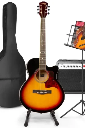 Max ShowKit - Guitare Électro-Acoustique Pack Débutant Ampli 40 Watts, Stand et Pupitre - Sunburst - Soldes