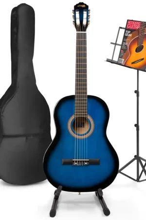 Max SoloArt - Guitare Acoustique Classique Pack Débutant avec Pupitre et Stand - Bleue - Prix exceptionnel
