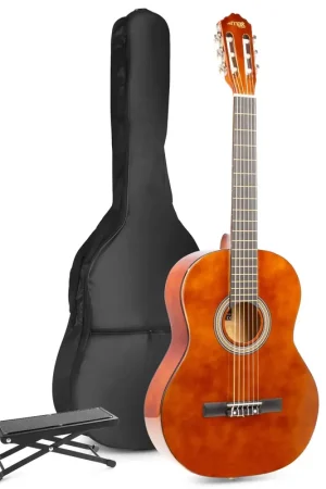 Expédition rapide | Max SoloArt - Guitare Acoustique Classique Pack Débutant avec Repose-Pied - Couleur Noyer