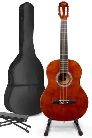 Max SoloArt - Guitare Acoustique Classique Pack Débutant avec Stand et Repose-Pied - Couleur Noyer - Disponible à la commande
