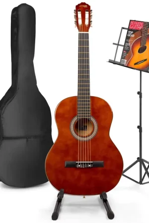 Max SoloArt - Guitare Acoustique Classique Pack Débutant avec Pupitre et Stand - Couleur Noyer - Dernières pièces