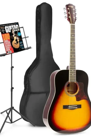 Profitez-en maintenant - Max SoloJam Western - Guitare Acoustique Pack Débutant avec Pupitre - Sunburst