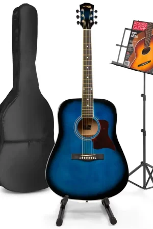 Commandez en ligne - Max SoloJam Western - Guitare Acoustique Pack Débutant avec Pupitre et Stand - Bleue