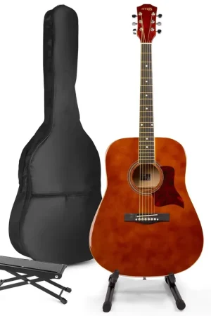 Disponible maintenant - Max SoloJam Western - Guitare Acoustique Pack Débutant avec Stand et Repose-Pied - Couleur Noyer