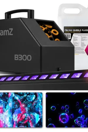 BeamZ B300 Machine à Bulles - 30 Tours/Min avec Grande Roue, 5L de Liquide UV, Barre LED UV - Plus que quelques articles