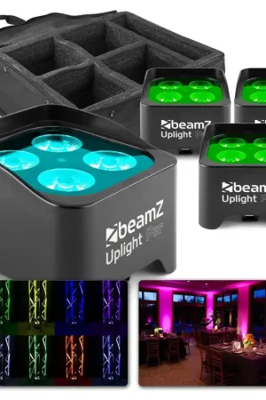 Prix exceptionnel - BeamZ BBP90 - 4x Projecteurs d'Ambiance sur Batterie 4 x 4 Watts RGB-UV - Noir + Sac de Transport