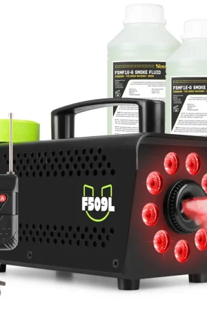 Très bien noté | Fuzzix F509L Pack Machine à Fumée 500 Watts avec 9 LEDs RGB, 2L de Liquide - Noir