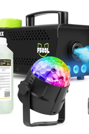 Plus que quelques jours | Fuzzix F503L - Pack Machine à Fumée LEDs 500 Watts, Boule Disco et 1L de Liquide