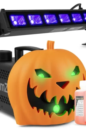 Pack Soirée Halloween - Machine à Fumée Citrouille LED, Rires Diaboliques et Lumière Noire - Prêt à l’emploi - Affaire à saisir