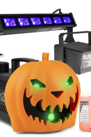 Pack Soirée Halloween - Machine à Fumée Citrouille LED, Rires Diaboliques, Strobe et Lumière Noire - Prêt à l’emploi - Offre limitée