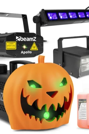 Pack Soirée Halloween Complet - Machine à Fumée Citrouille LED, Rires Diaboliques, Strobe, Lumière Noire et Laser DJ - Ne manquez pas cette offre
