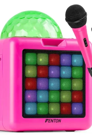 Nouveauté | Fenton KAR15P Enceinte Karaoké Enfant Bluetooth sur Batterie avec 2 Micros - Rose