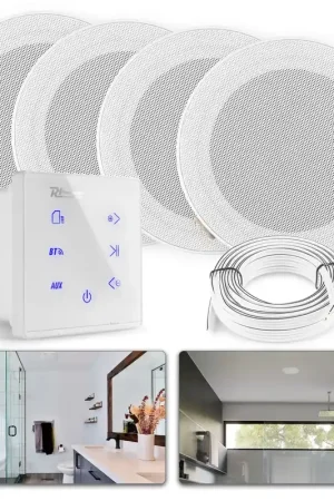 Power Dynamics Powerline A100W - Pack Amplificateur Mural avec 4 Enceintes de Salle de Bain - 160 Watts, Câbles inclus - Nouvel arrivage