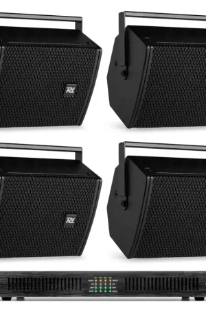Power Dynamics - Pack de 4 Enceintes Noires avec Amplificateur 100V/8 Ohms et Bobine de Câble - 400 Watts RMS - Prix en baisse