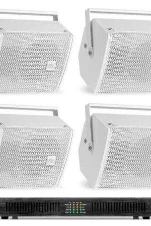 Power Dynamics - Pack de 4 Enceintes Blanches avec Amplificateur 100V/8 Ohms et Bobine de Câble - 400 Watts RMS - Plus que quelques pièces