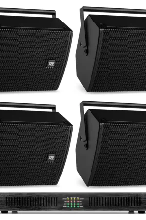Power Dynamics - Pack de 4 Enceintes Noires avec Amplificateur 100V/8 Ohms et Bobine de Câble - 600 Watts RMS - Ajoutez au panier