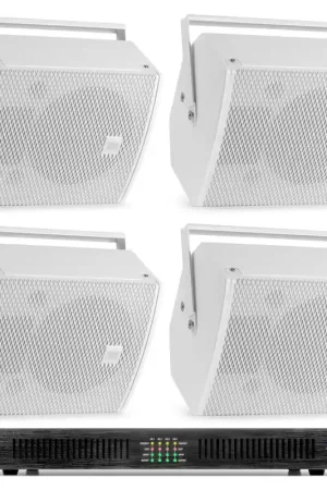 Power Dynamics - Pack de 4 Enceintes Blanches avec Amplificateur 100V/8 Ohms et Bobine de Câble - 600 Watts RMS - Offre