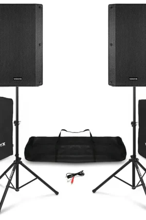 Commandez dès aujourd'hui - Vonyx VSA150S - Ensemble d'Enceintes Actives Bluetooth 15", 1000W, Supports Trépieds Réglables, Housses de Transport et Câble Audio RCA