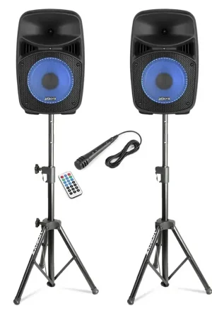 Tout juste arrivé | Vonyx VPS082A - Set d'Enceintes LED 8" 400 Watts BT/USB/SD avec Supports Trépieds, Télécommande, et Micro