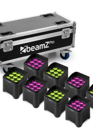 Pack de 8 BeamZ BBP48 - Uplights LED RGBWA-UV 9×12 W Sans Fil IP65 | Flight-case pro inclus | Incontournable