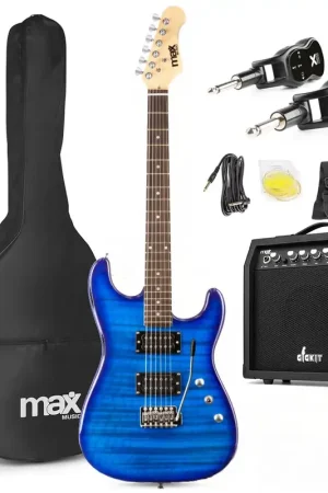Max GigKit - Guitare Électrique 4/4 Pack Débutant Ampli 40 Watts et Système Sans Fil | Quilted Bleue | Bien noté