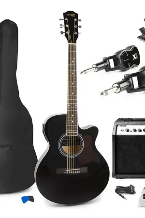 Recommandé | Max Showkit - Pack Guitare Électro-Acoustique Débutant 4/4 Ampli 40 Watts et Système Sans Fil | Noire