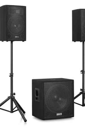 Économisez maintenant - Vonyx VX1218BT Pack Sono DJ - Set d'Enceintes Actives 2.1 avec Caisson de Basses 18 Pouces - 1200W