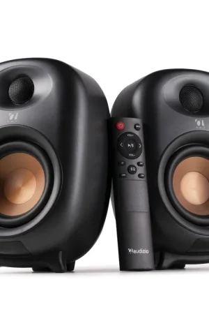 Disponible dès maintenant - Audizio RS80 - Enceintes Hi-Fi Actives BT 5.0 160 W | Woofer 4" + tweeter 1"| Noir & Cuivre | Design Élégant & Son Haute Fidélité