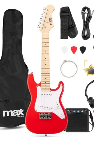 Prix spécial - Max GigKit Junior 1/4 - Pack Guitare Électrique Enfant 3 à 7 ans - Lunettes de Soleil Rock Incluses - Rouge