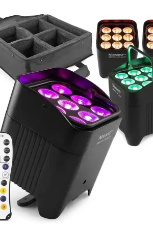 BeamZ Pro BBP59 - Pack de 4 Projecteurs d’ambiance sans fil IP65 9x 12W RGBWA-UV | Batterie amovible & Wireless DMX | Sac de Transport Inclus - À ne pas manquer