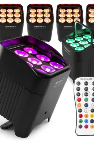 Direct fabricant - BeamZ Pro BBP59 - Pack de 6 Projecteurs d’ambiance sans fil IP65 9x 12W RGBWA-UV | Batterie amovible & Wireless DMX