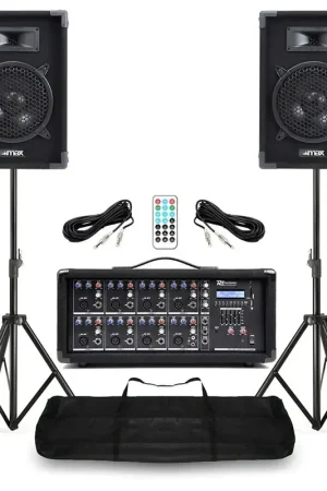 Pack Sono Complet - Max Music / Power Dynamics / Vonyx | 2 enceintes 8″ + mixeur 8 canaux + pieds & câbles | Sonorisation Live & Répétition - Promotion