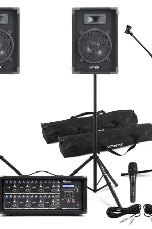 Pack Sono Complet - MAX Music / Power Dynamics / Vonyx | 2 enceintes 8″ 800W + mixeur 8 canaux + micro filaire + pied & câbles inclus - Tout juste ajouté