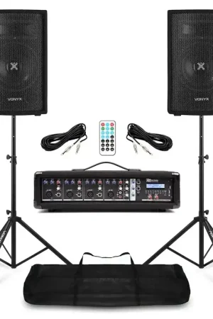 Disponible dès maintenant | Pack Sono MAX Music / Power Dynamics / Vonyx – 2 Enceintes 8″ + Mixer-Ampli 4 canaux + Pieds & Câbles