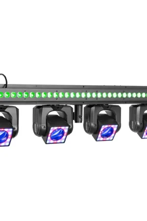 BeamZ Showbar GO Vibe - Barre 4 Lyres LED RGBW 160W avec Barre LED et Anneaux LED - Éclairage DJ Scène Complet - Déstockage