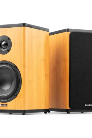 Nouvel arrivage - Audizio BS20 - Paire d’Enceintes Bibliothèque Actives BT sur Batterie 50W - Hi-Fi Sans Fil Nomade - Bambou